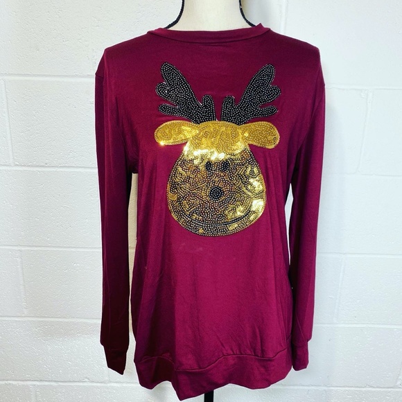 Perfect Peach Burgundy Wine Christmas Reindeer Gold Sequins Long Sleeve Shirt - Picture 2 of 9